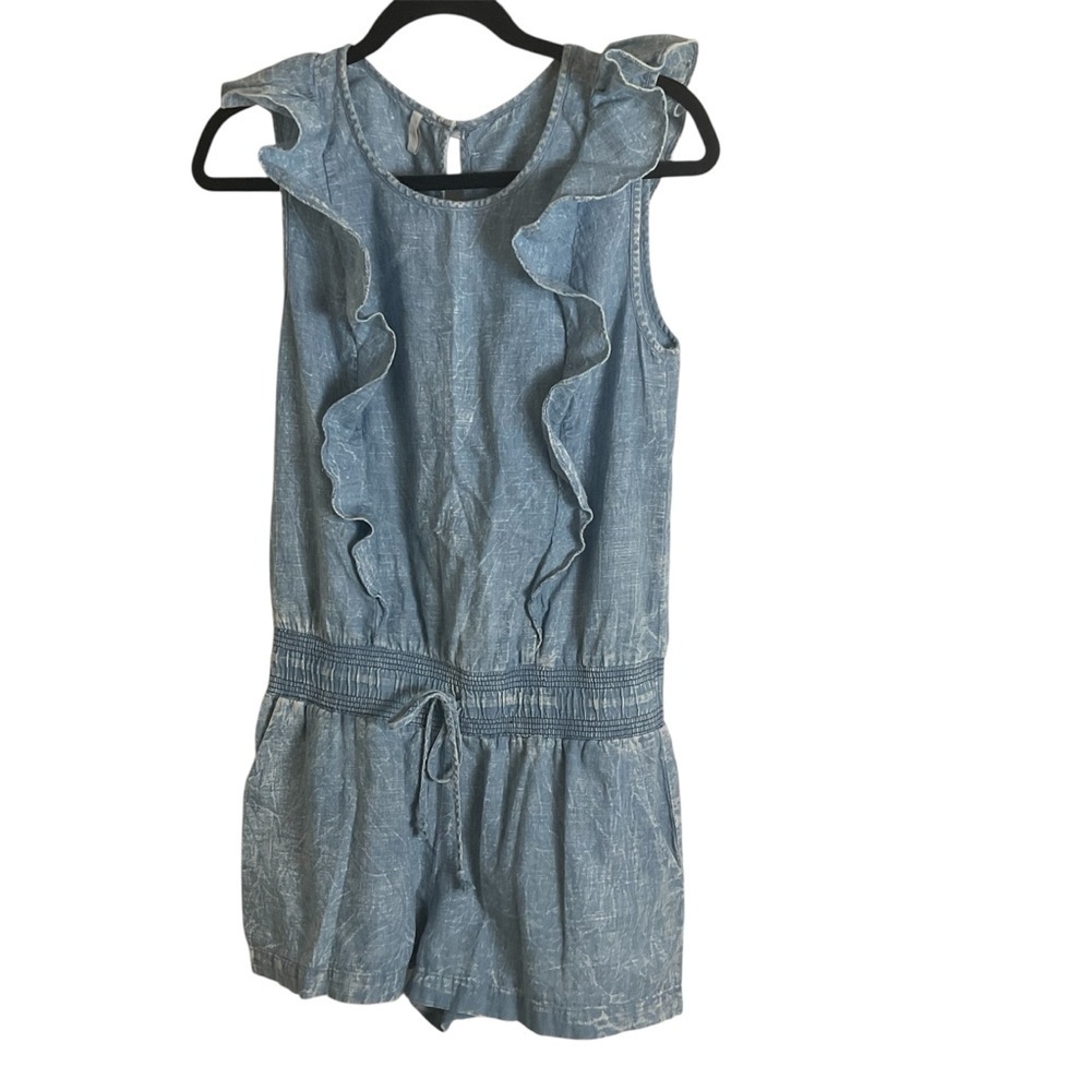 7 For All Mankind Denim Ruffle Romper Size Small Blue Acid Wash Jumpsuit - Picture 2 of 15